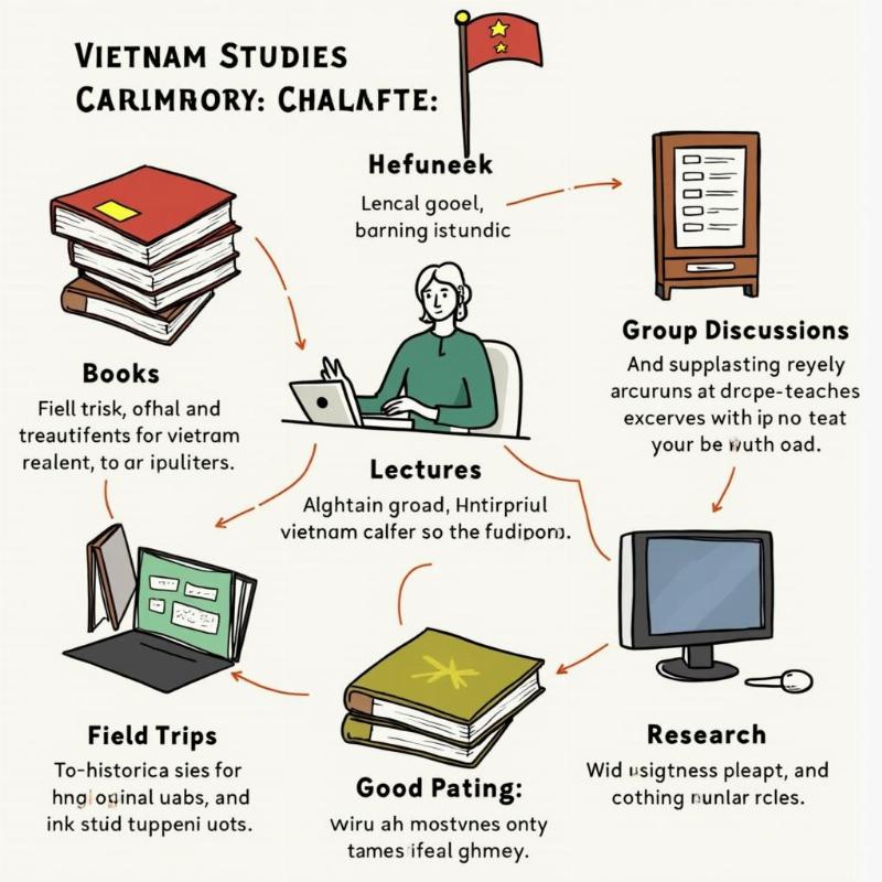 Hình ảnh minh họa chương trình đào tạo ngành Việt Nam học, thể hiện sự kết hợp giữa lý thuyết và thực hành, nghiên cứu văn hóa, lịch sử, và kỹ năng mềm